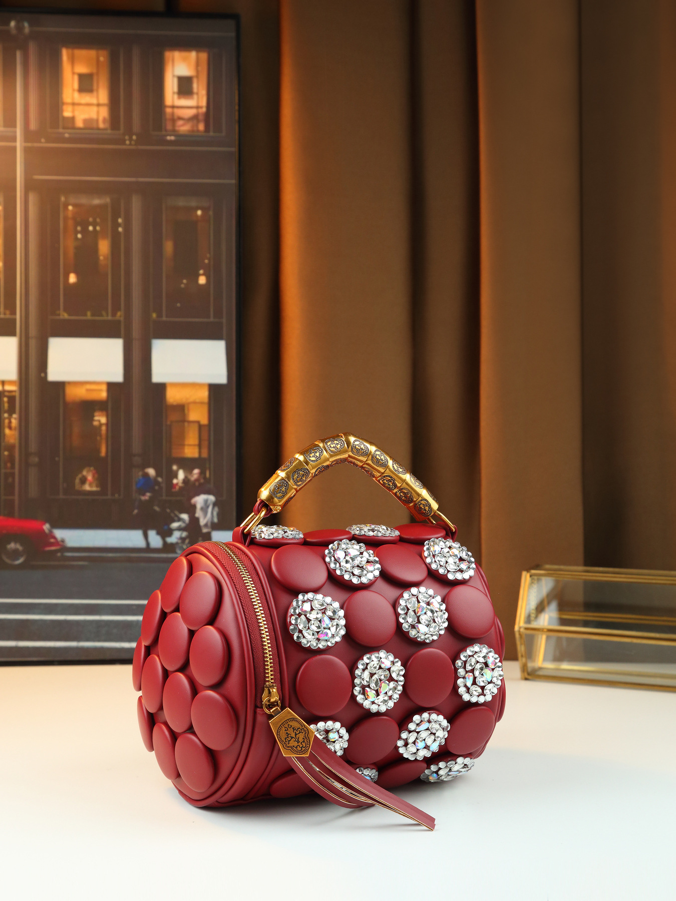 Damen Handtasche Im Retro Stil Mit Punkten Und Strassbesatz_voghion.com