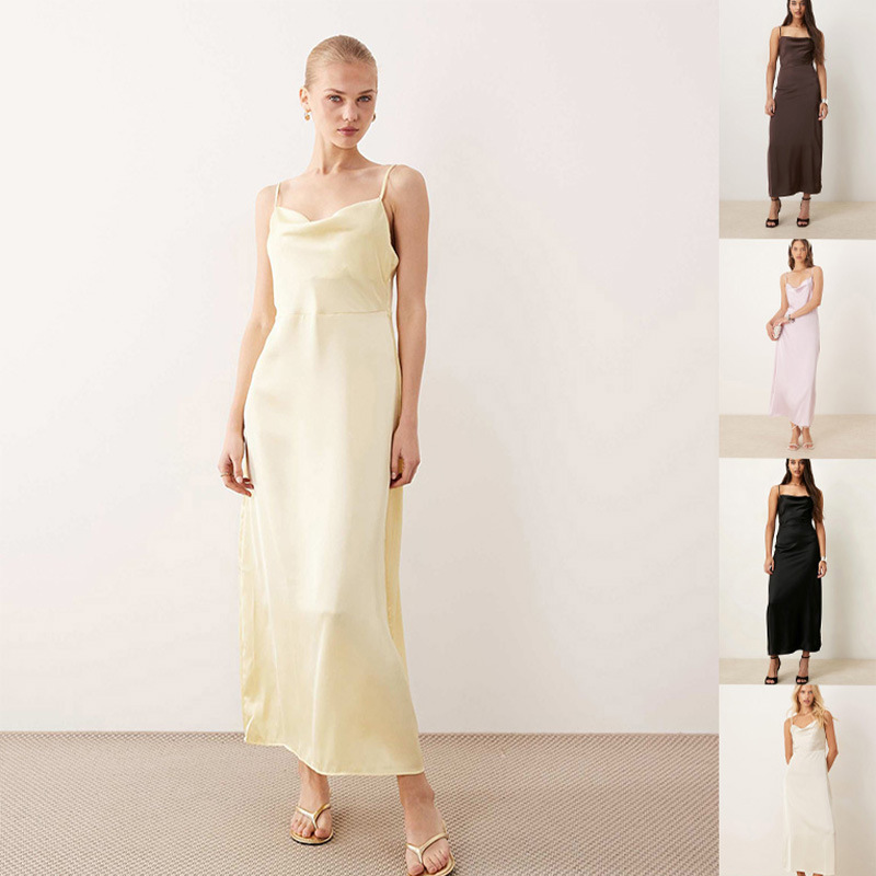 New European and American style cross-border satin camisole dress for women, glossy long formal dress, slim-fit camisole long dress