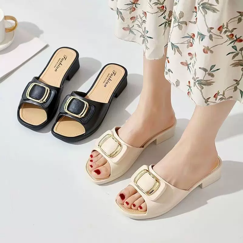 东南亚跨境电商女士新款百搭时尚夏季外穿凉鞋防滑一字坡跟拖鞋女