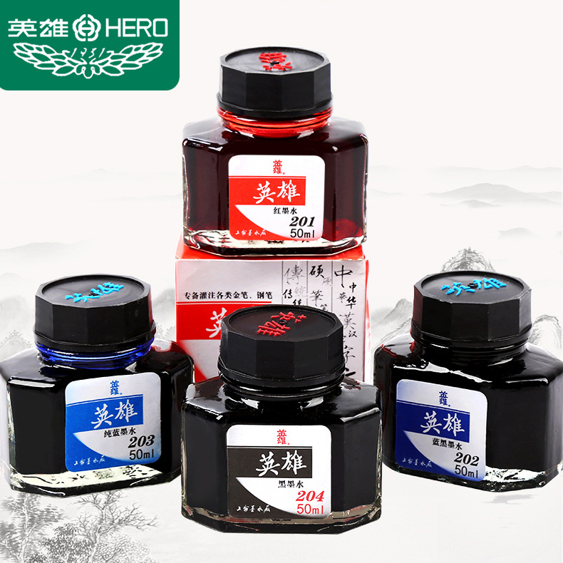 Hero ink pigment type non-carbon non-blocking pen large capacity red pure blue black 204 black pen ink