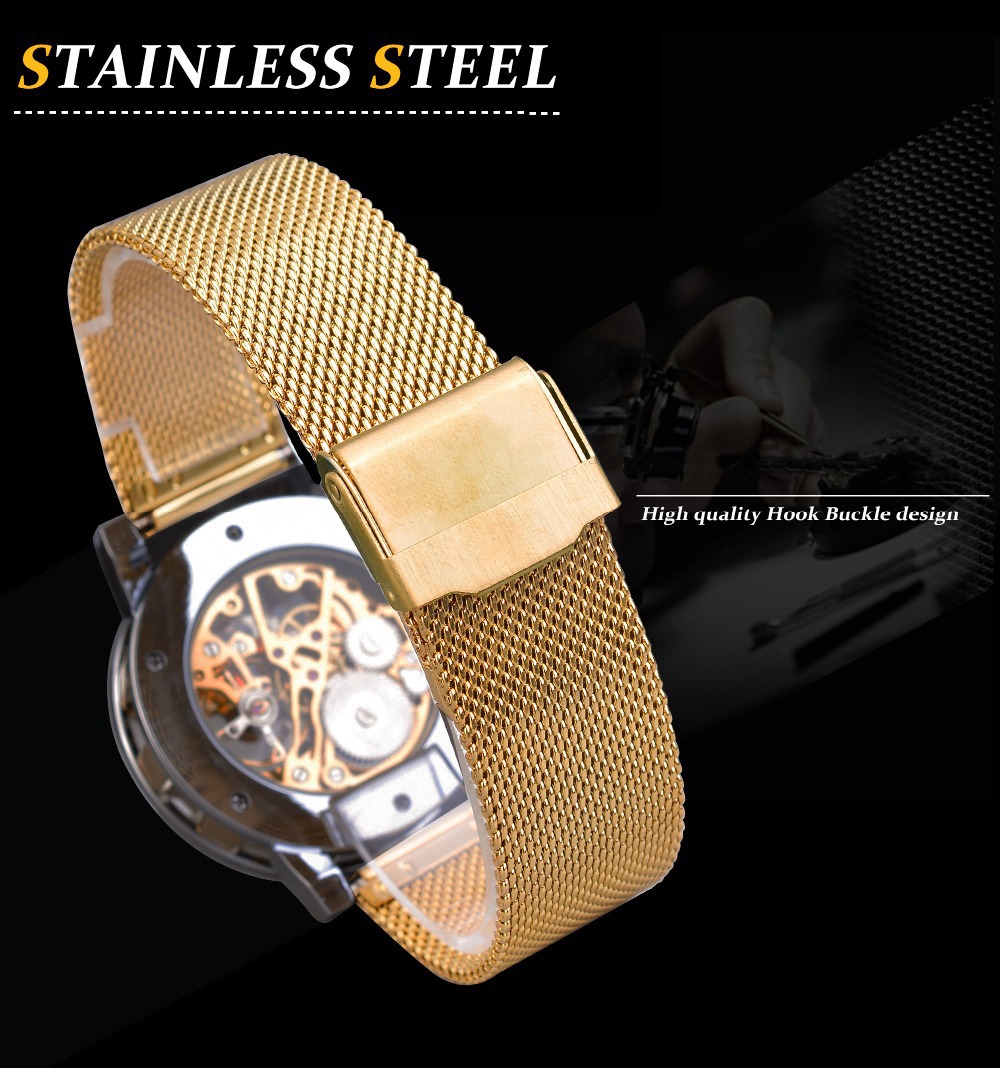 Men's Skeleton Mechanical Watch With Rhinestone Mesh Strap_voghion.com