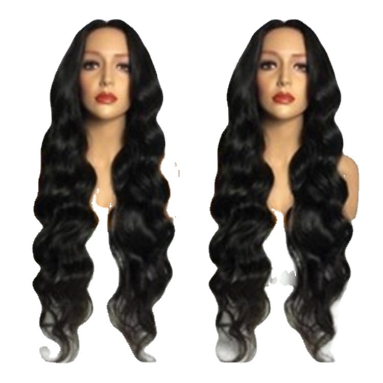 Peluca de moda europea y americana Peluca de seda de alta temperatura onda grande negro medio largo pelo rizado de fibra química peluca cabeza cubierta