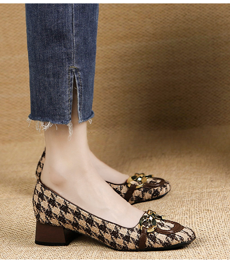Houndstooth Square Toe Casual Single Shoes Women Summer New Metal Chain Low Heel Shallow Mouth S Soft Bottom Slip On_voghion.com