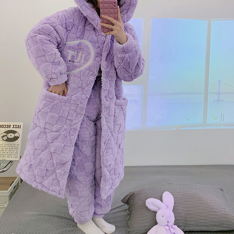 Pijamas de invierno de las mujeres acolchadas de tres capas engrosada caliente Chaqueta de algodón acolchado bolsillo lindo dulce ropa de abrigo homewear camisón