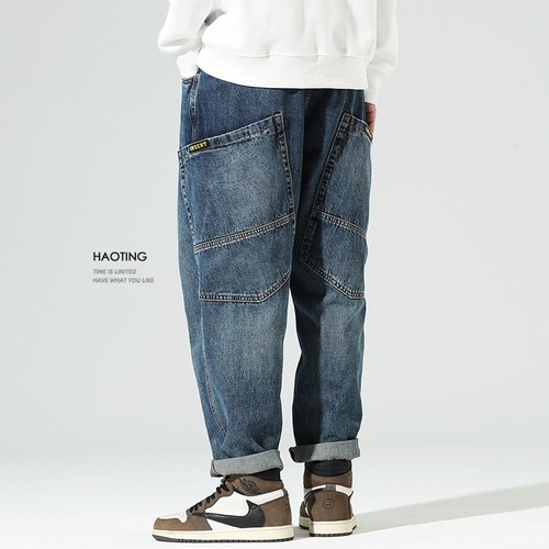 Monte Carlo Japanese workwear jeans for men, loose fit, trendy brand with multiple pockets, straight-leg long pants, American-style men's casual pants, fashionable