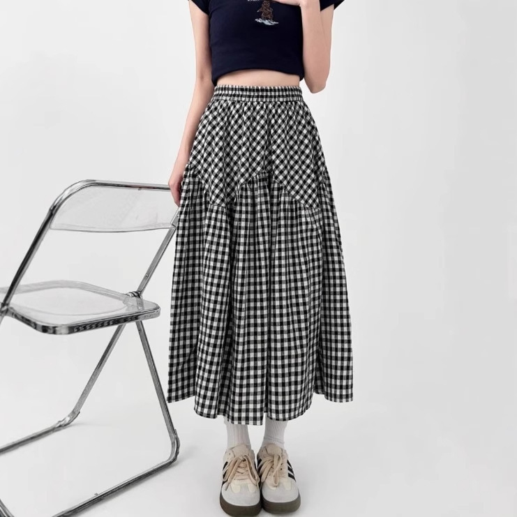 Plaid Skirt for Women 2025 Spring and Summer New High-Waist Slim Mid-Length A-Line Skirt Loose Large Hem Umbrella Skirt