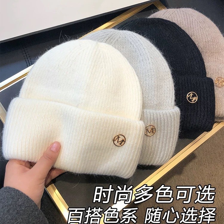 新款字母m标兔毛毛线帽女秋冬韩版百搭加厚保暖帽护耳兔毛针织帽|undefined
