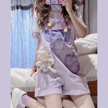 夏季套装女学生韩版日系小众设计感拼接紫色背带裤+短袖T恤两件套