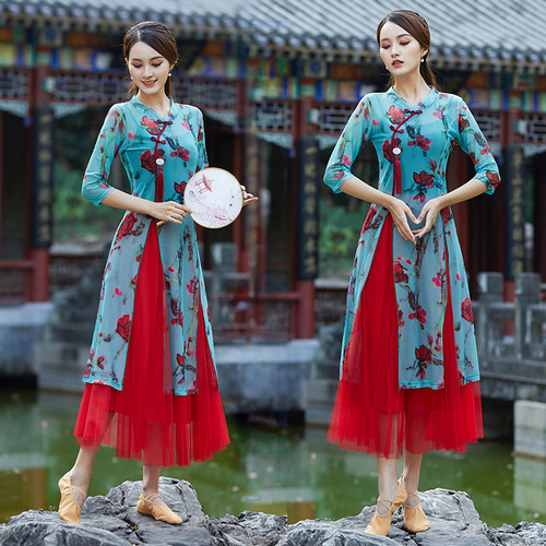 Square dance clothing new suit Chinese classical style ethnic dance practice clothes women's gauze and elegant cheongsam