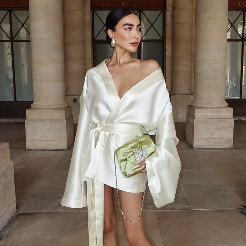 French High-end Champagne Satin Lace-up Dress Women's Loose Waist Long-sleeved V-neck A- line Dress Summer Women's Clothing