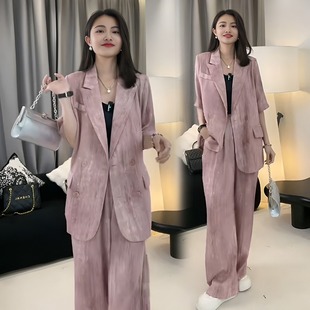 2689 plus size Women's Thin Suit suit Women's chubby girl Summer Korean-style Suit Wide-leg Pants Two-piece Set