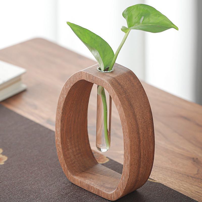 Dispositivo de flor de nogal planta hidropónica titular de la flor Japonés de madera maciza de vidrio de escritorio creativo pequeña decoración florero de tubo de ensayo de vidrio
