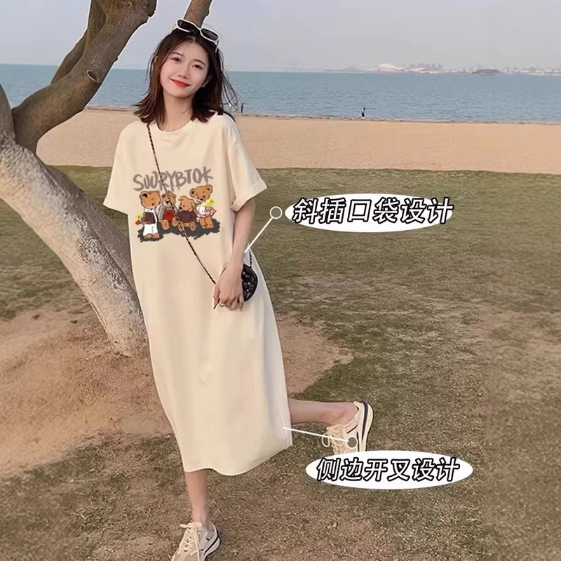 Maternity Summer Dress, Fashionable Bear Print Short-Sleeve Loose Side-Slit Long Over-The-Knee Dress with Pockets, Thin Material