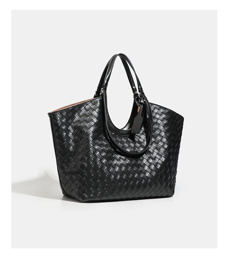 Túi tote da bò dệt kiểu retro cỡ lớn, có túi con rời, quai xách tay và đeo vai — màu nâu, màu đen chi tiết 15