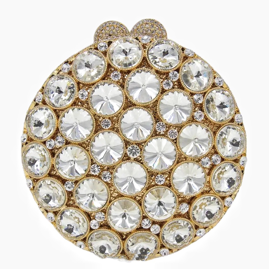 Selección estricta de bolsas de cena con diamantes transfronterizos, bolsas de mano de diamantes redondas, bolsas de banquete europeas y americanas, bolsas de mujer, embrague de piedra.