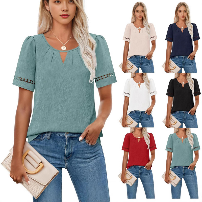 2026 Summer European and American Amazon Cross-Border Trade Women's Elegant Hollow Out Sleeve Lace Solid Color Buttonless Short Sleeve T-Shirt