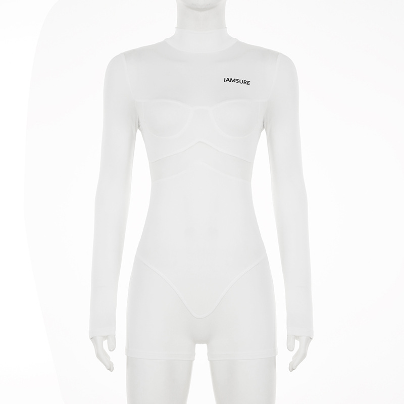 Street Sexy Casual Mesh Stitching One Piece Short Half Turtleneck Sexy Tight Long Sleeve Narrow Jumpsuit Women