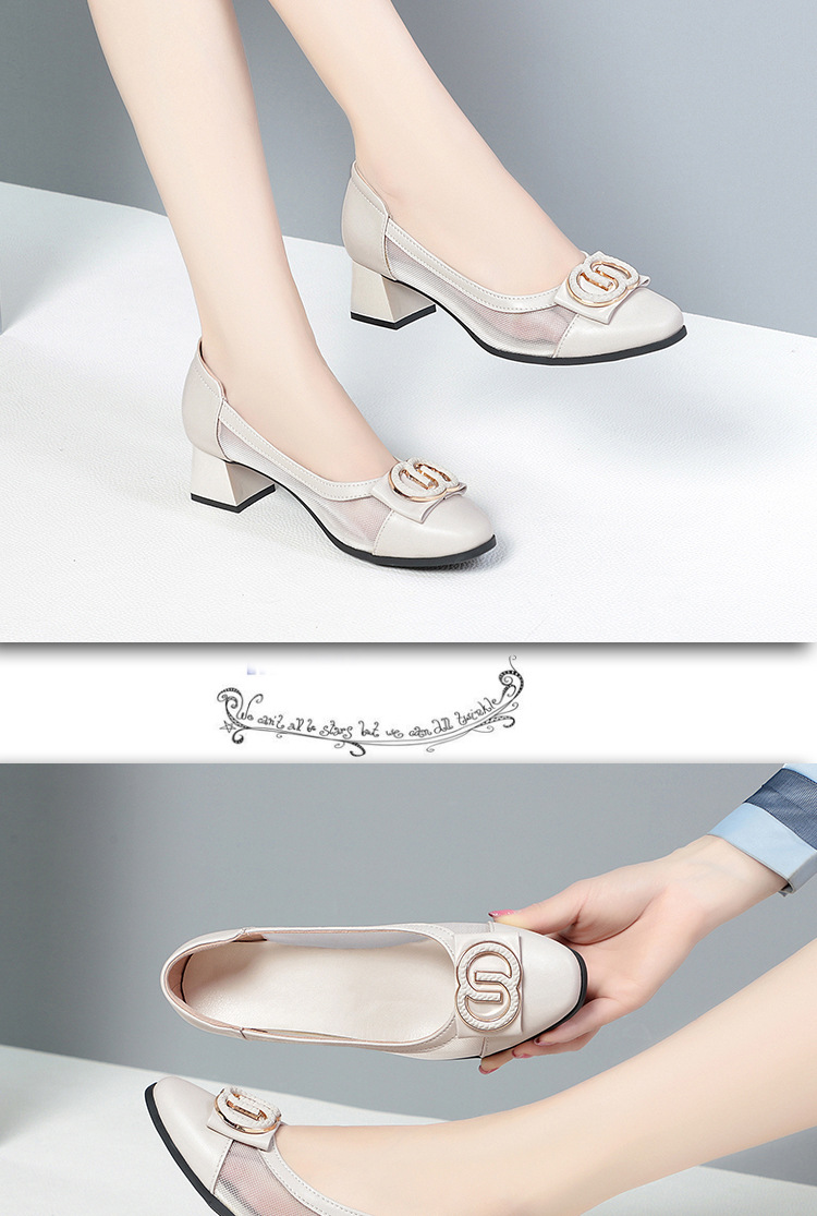 Giày nữ da thật lưới rỗng gót giữa thời trang đế mềm — màu be chi tiết 7