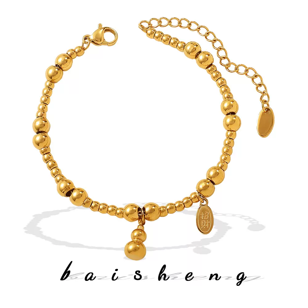 跨境爆款ins风金色串珠招财葫芦吊坠手链不锈钢镀18K金轻奢手饰