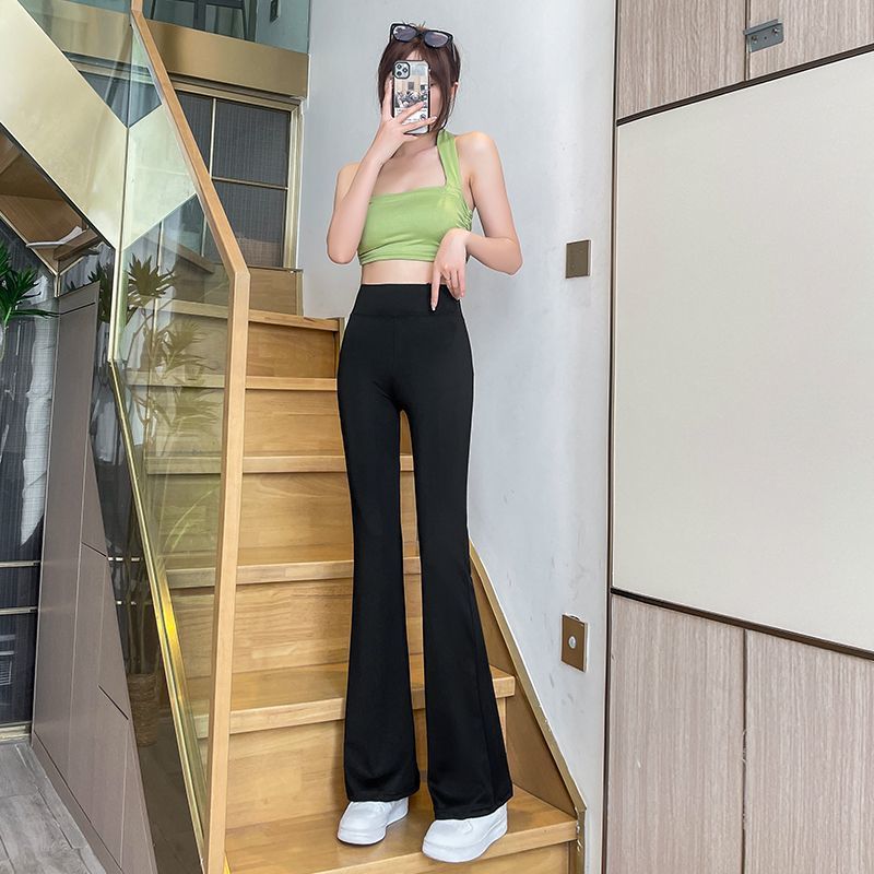 女性用ブラックマイクロフレアパンツ2024春の新作伸縮性ハイウエストタイトフィット痩身9点アウターレギンス|undefined