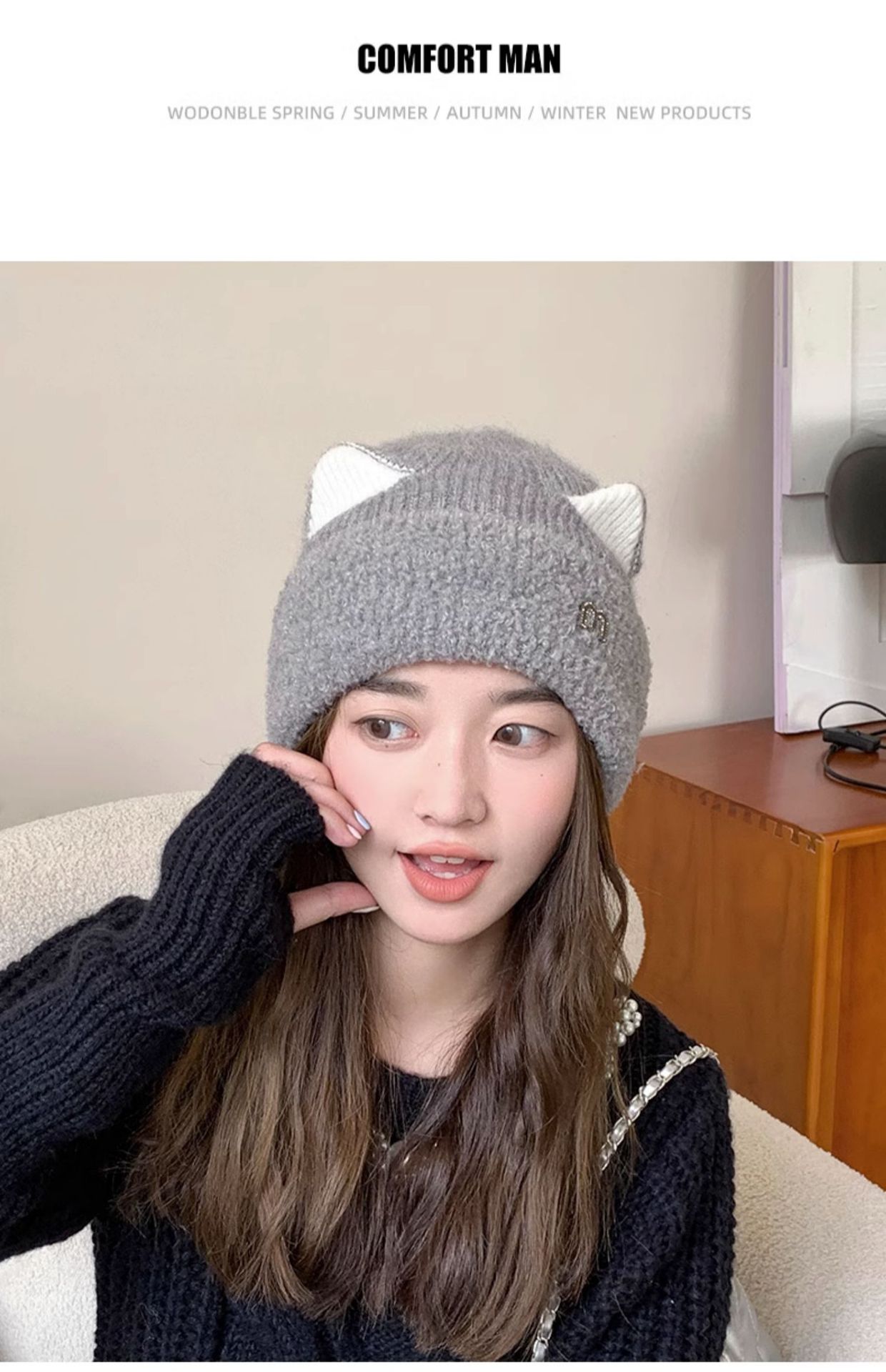 Herbst/Winter für Damen: Niedliche, vielseitige Strickmütze mit Katzenohren aus Plüsch – ideal für draußen und kältebeständig._voghion.com