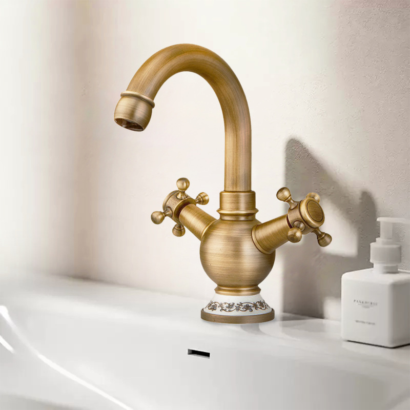 Wholesale all-copper antique double-turn faucet household under-counter basin golden kitchen sink dish washing basin hot and cold faucet