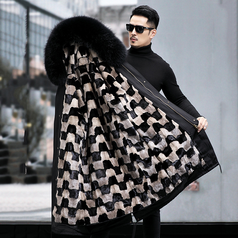 派克服男水貂内胆皮毛一体皮草中长款貂皮大衣外套可拆卸狐狸毛领