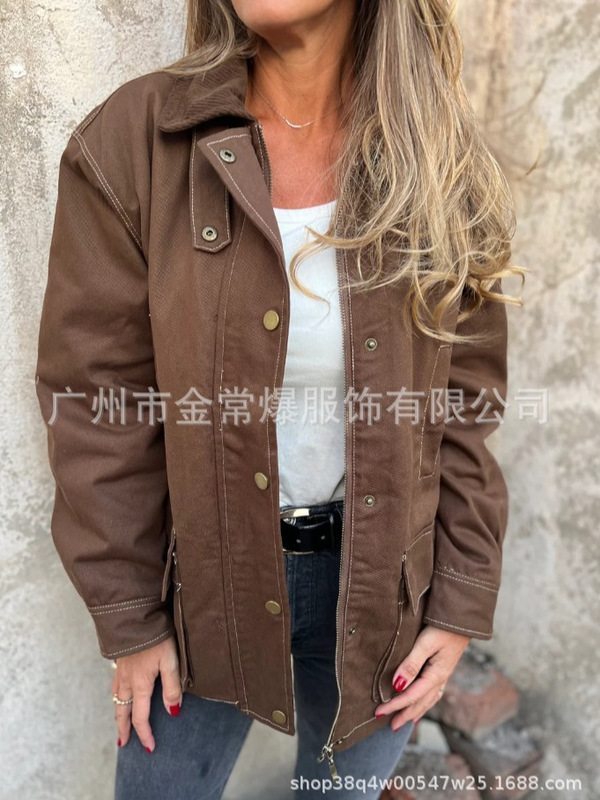 中東貿易 2025 秋冬新作アマゾンヨーロッパとアメリカの女性のためのルーズカジュアル長袖ボタンラペルジャケット|undefined
