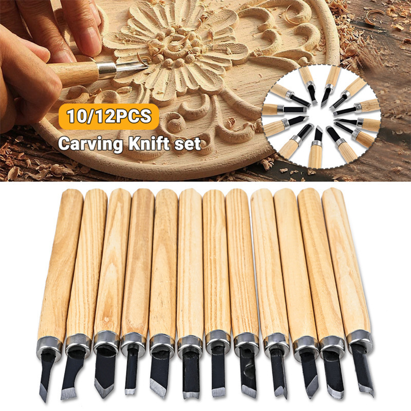 Cross-Border 12-Piece Set of Student Wood Carving Knives, 65 Manganese Wood Handle Carving Knife Set, Manual Wood Carving Knife Dk3000