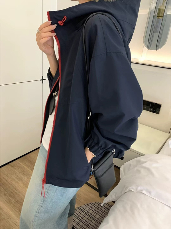 韩系时尚连帽外套女2025秋季新款宽松百搭休闲显瘦拼色拉链上衣潮|undefined