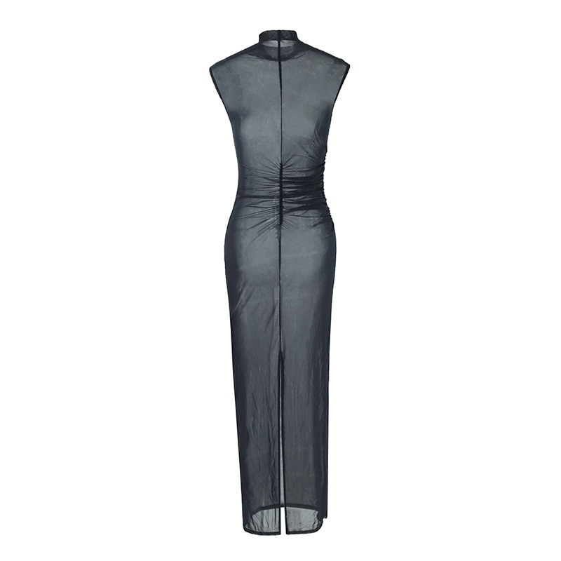 2025 European And American Style Summer New Sexy Women's, Slim-fit Sheer Stand-up Collar Sleeveless Back-slit Mesh_ecoleips.com