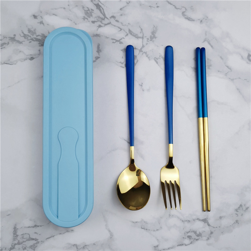 304 de acero inoxidable vajilla estilo coreano palillos conjunto de tres piezas traje portátil estudiante comedor al aire libre logotipo impreso