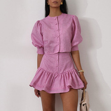 休闲时尚短裙套装2025新款泡泡袖短款上衣拼接设计感a字裙两件套