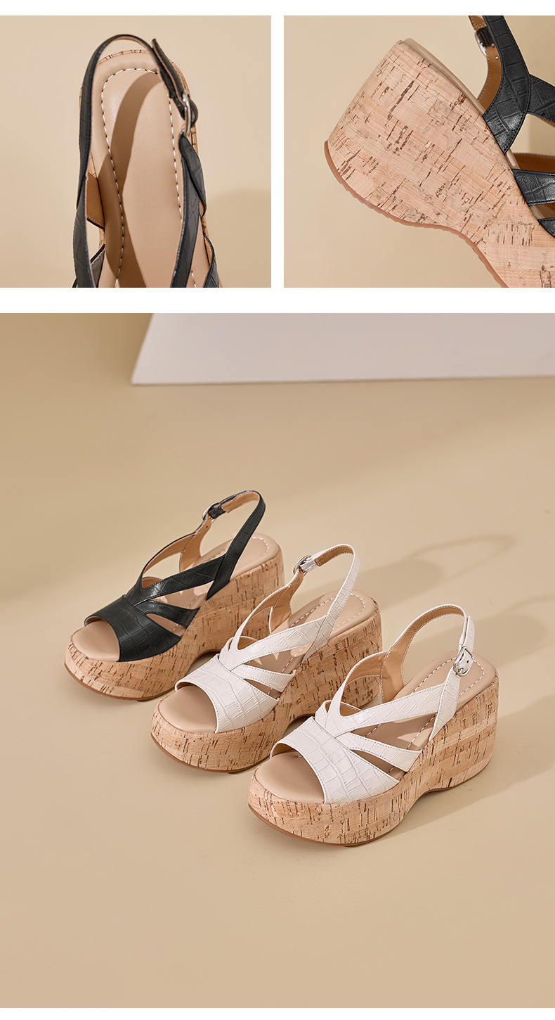 Sandal cao gót nữ hở mũi đế xuồng platform 10cm phong cách La Mã — màu đen, màu trắng ngà chi tiết 11