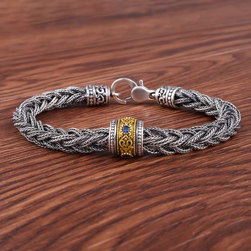 New S925 Sterling Silver Men's Vintage Fashionable Men's and Women's Woven Twist Silver Bracelet Turkey Transfer Bead Bracelet