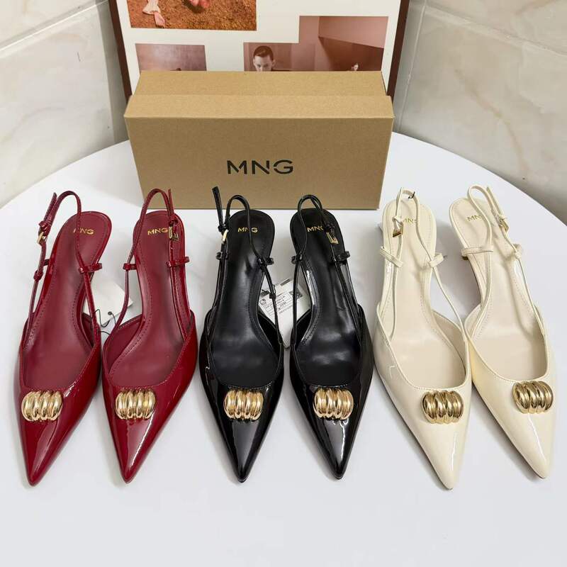 Spanish Mng Mango 2026 Summer New Pointed-Toe Mule Patent Leather Buckle Back Strap Closed-Toe High-Heeled Sandals