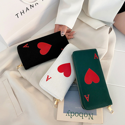  New Red Heart A Long Handbag Large Capacity Canvas Ladies Clutch Student Zipper Mobile Phone Bag Wallet