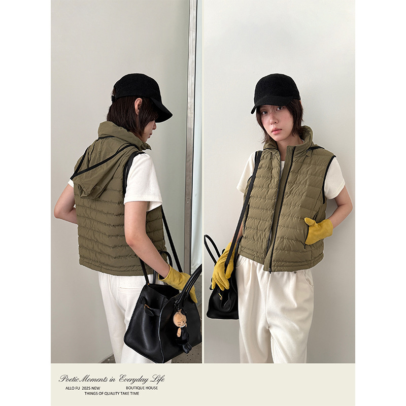 【Clearance No Returns】Winter New Simple Lightweight Hooded down Vest with Color Block Inner Layer down Vest 5637