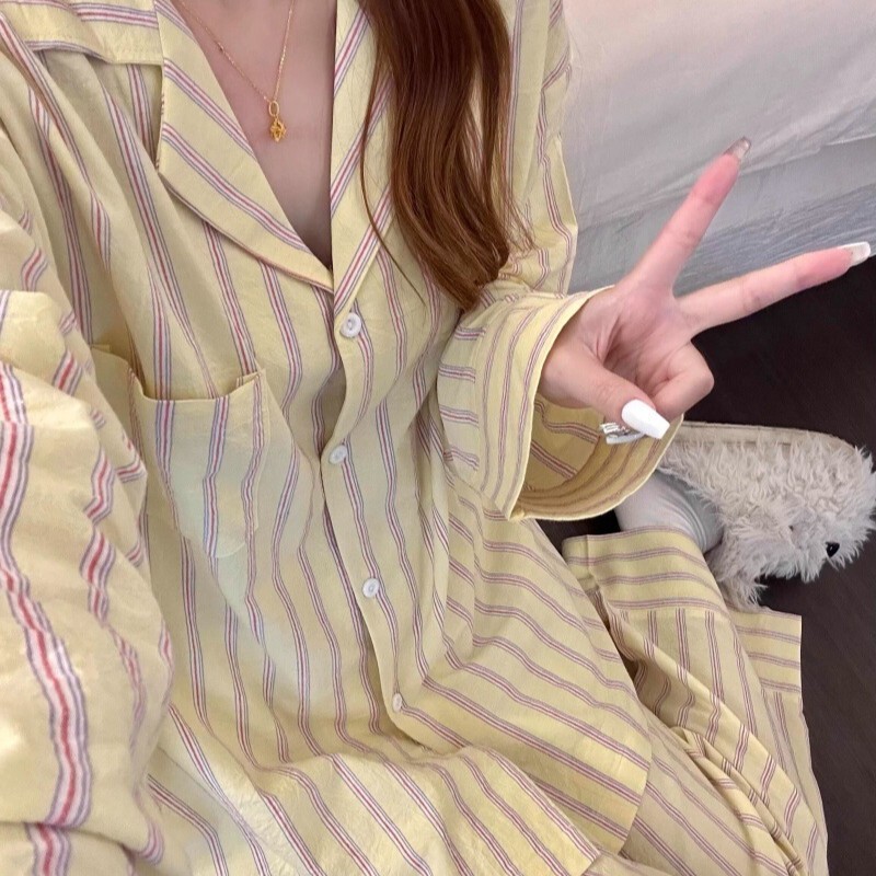 2026 Cream Yellow Striped Spring and Autumn Internet Celebrity Style Striped Pajamas for Women, Long Sleeve and Long Pants, Thin Contrast Color Homewear Official 2026 Cream Yellow Striped Spring and Autumn Internet Celebrity Style Striped Pajamas for Women, Long Sleeve and Long Pants, Thin Contrast Color Homewear Official