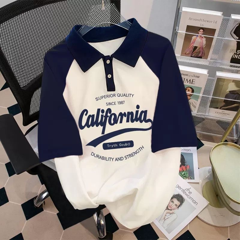 2025 Summer New Color Contrast Rags Short-sleeved T-shirt Women's American-style Retro Loose Short-sleeved T-shirt Polo Shirt Ins Style