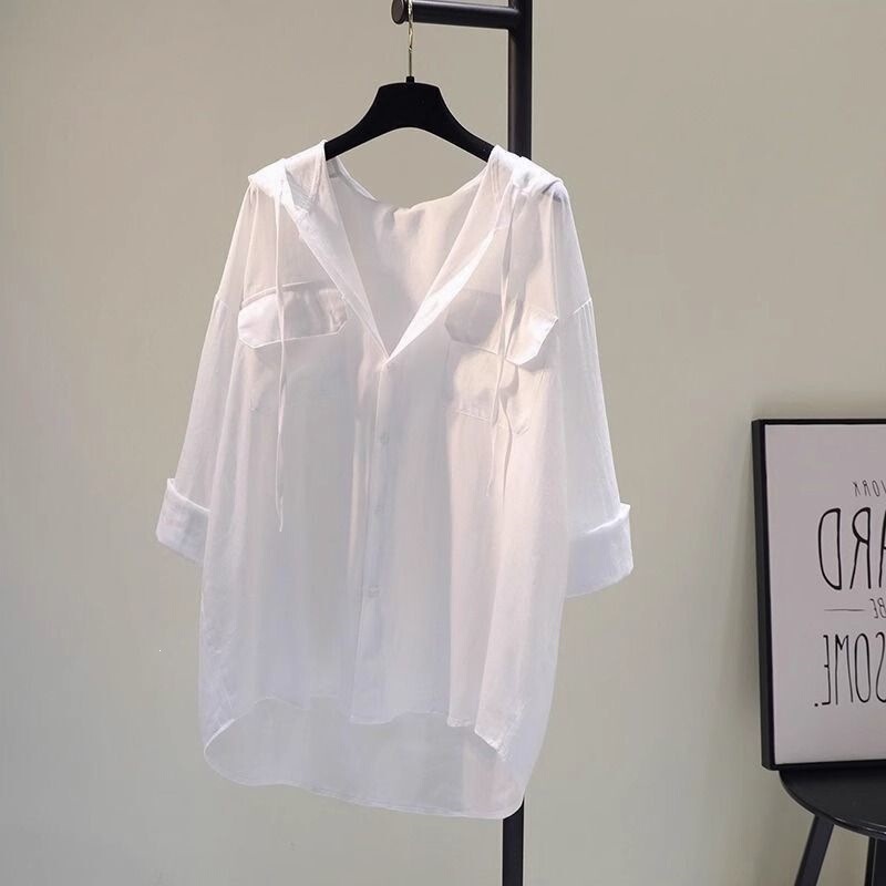 White Hooded Sun Protection Shirt for Women, 2026 Summer New Style, Double Pockets, Loose Fit, Korean Style, Batwing Sleeves, Sun Protection Clothing White Hooded Sun Protection Shirt for Women, 2026 Summer New Style, Double Pockets, Loose Fit, Korean Style, Batwing Sleeves, Sun Protection Clothing