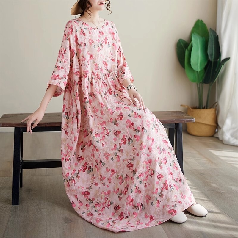 Robe Women's Summer Thin Round Neck Short-Sleeved Pink Super Fairy Large Swing Simple Long Skirt Skirt Length 128