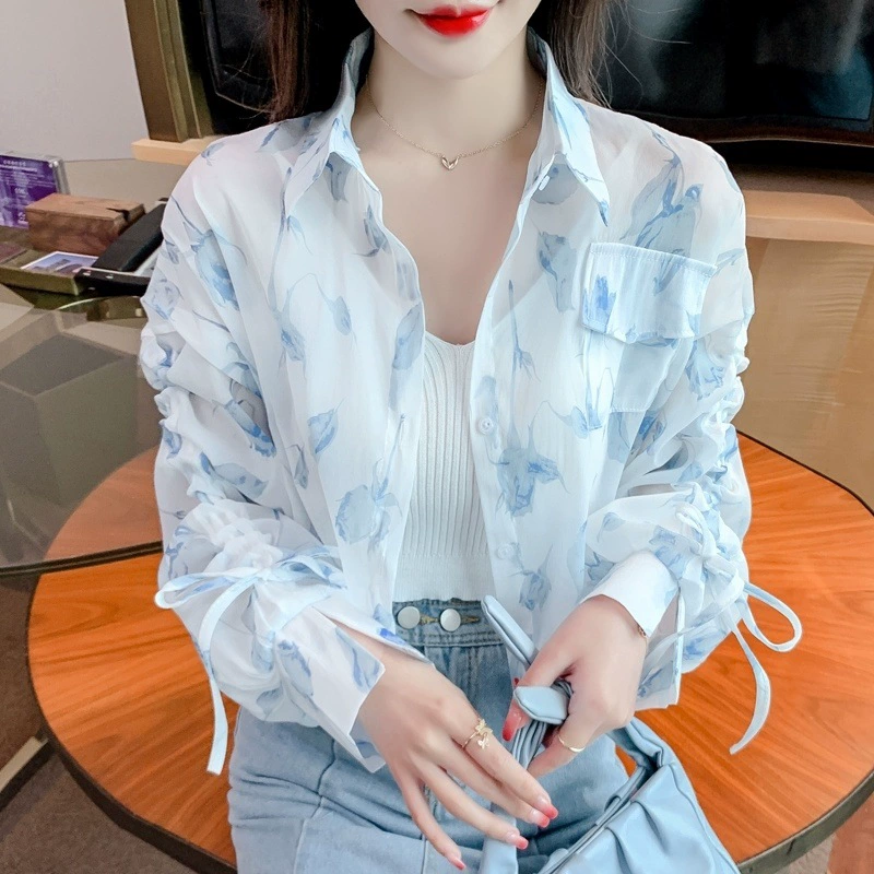 Короткая женская рубашка с длинным рукавом, летняя, тонкая, 2025 года, модная, на завязках, из ледяного шелка, кардиган.