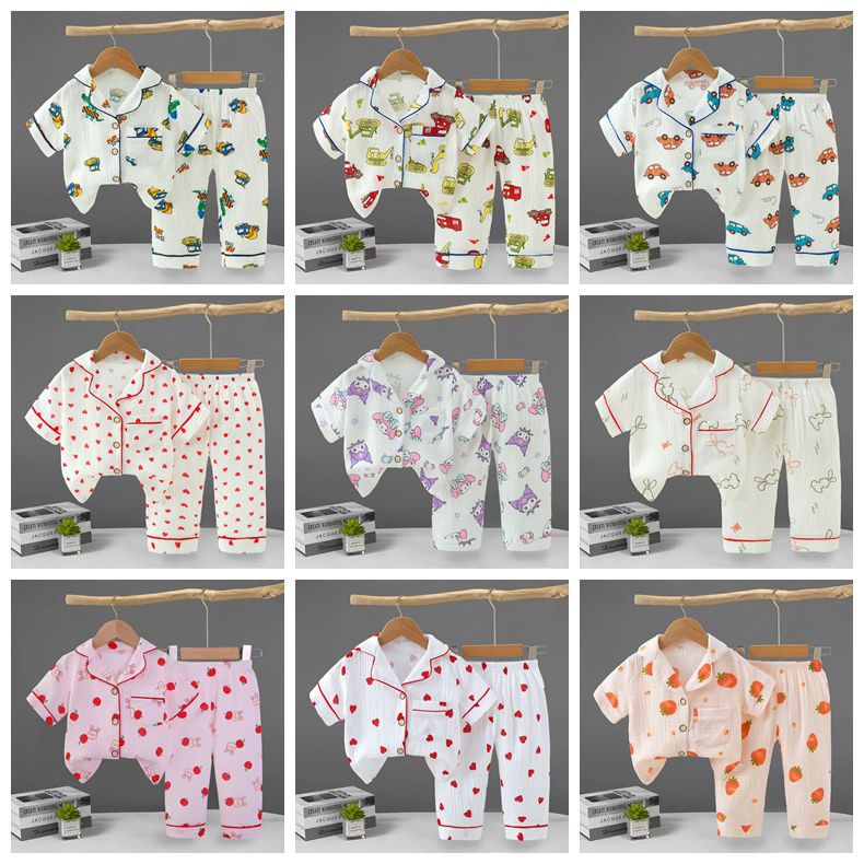 Pajamas for Kids Children's Clothing 2026 Cotton Gauze Children's Pajamas Cute Summer Short-Sleeved Long Pants Set