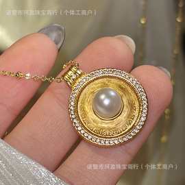 日本7-8mm海珠akoya可旋转古法鎏金八宝罗盘镶钻珍珠转运珠吊坠