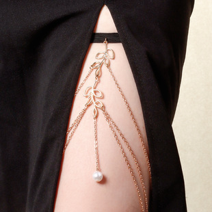Foreign Trade Jewelry Sexy Beach Style Metal Hollow Leaf Leg Chain for Women Simple and Versatile Imitation Pearl Body Chain