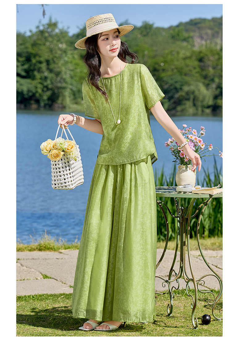 Bộ quần áo hai mảnh sơ mi hoa văn nổi quần ống rộng phong cách Trung Quốc mới — Xanh lá cây nhạtcolor, màu trắng chi tiết 15