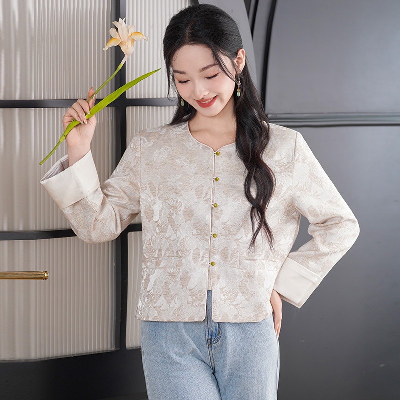 新款新中式国潮提花汉服外套民族风显瘦长袖上衣圆领盘扣开衫唐装
