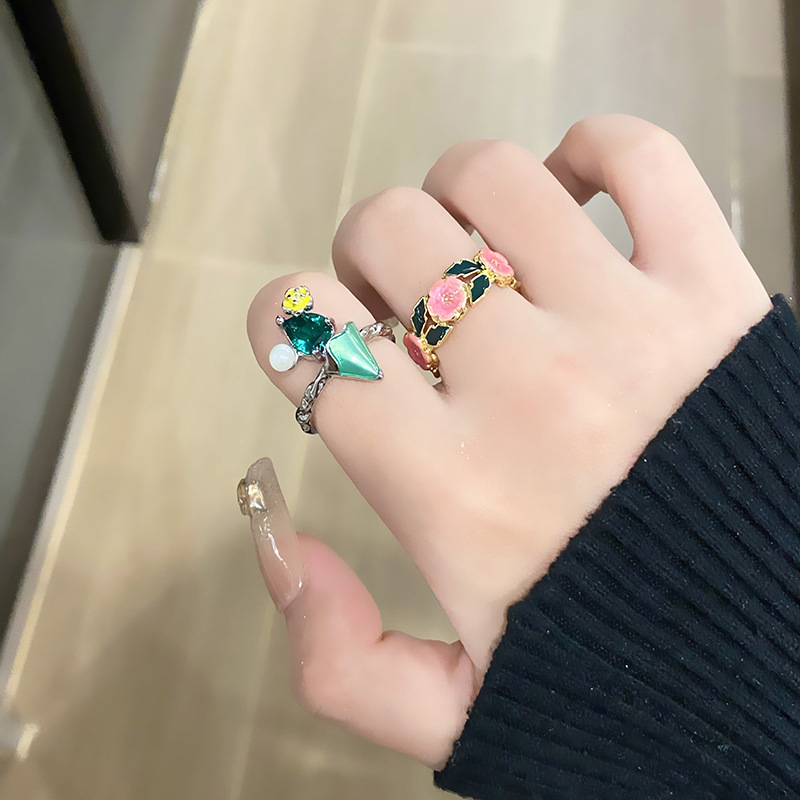 法式復古花朵琺瑯滴油開口戒指女高級感時尚中古氣質小眾食指戒