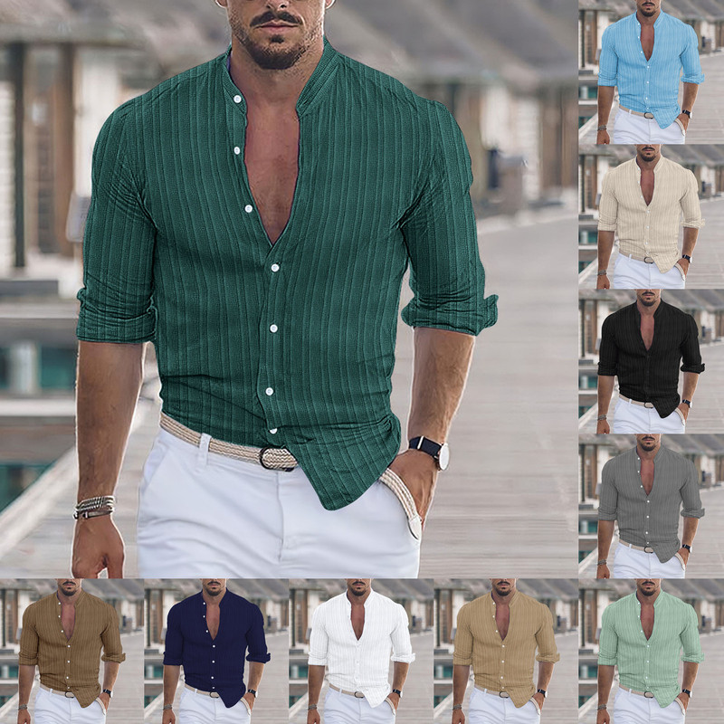 Cross-border Amazon Independent Station European and American Men's Cotton Linen Striped Jacquard Casual Loose Long Sleeve Shirt Multicolor in stock Cross-border Amazon Independent Station European and American Men's Cotton Linen Striped Jacquard Casual Loose Long Sleeve Shirt Multicolor in stock